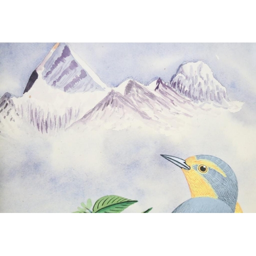 450 - Pair of ornithological watercolours of exotic birds in mountain scenery, inscribed verso Bulbul Bird... 