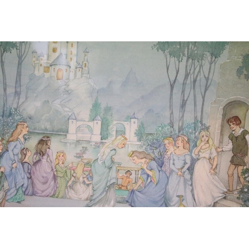 460 - ' The Twelve Dancing Princesses ', watercolour, title label verso, 28 x 44cm, framed and glazed, Hen... 