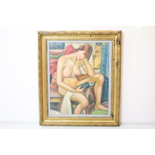 462 - Modernist pensive seated nude female, oil, 51cm x 41.5cm, gilt framed