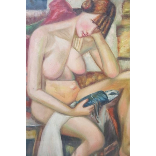 462 - Modernist pensive seated nude female, oil, 51cm x 41.5cm, gilt framed