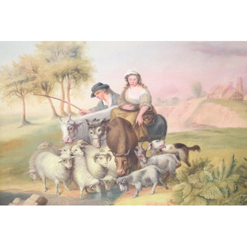 463 - Thomas Peat (active c. 1791–1831), couple with donkey, cattle, sheep, goats and dogs, oil on canvas,... 