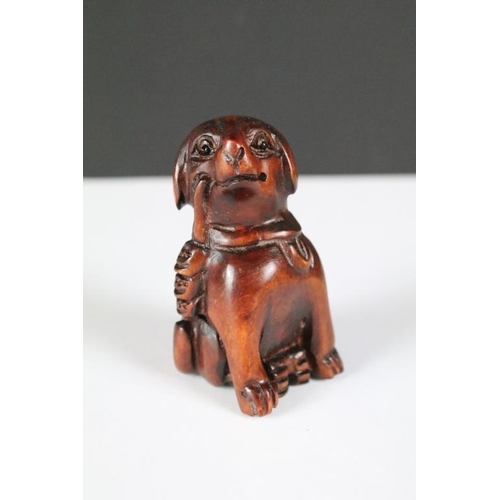 195 - Japanese Signed Wooden Netsuke in the form of a Dog, Japanese Wooden Netsuke in the form of a Rat on... 