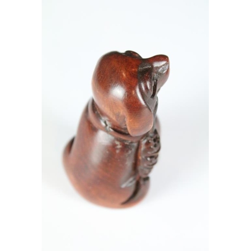 195 - Japanese Signed Wooden Netsuke in the form of a Dog, Japanese Wooden Netsuke in the form of a Rat on... 