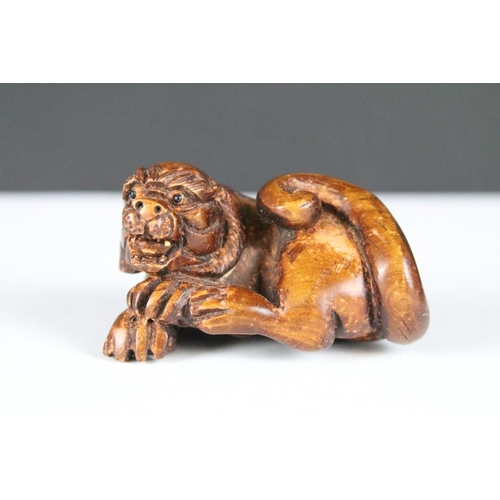 195 - Japanese Signed Wooden Netsuke in the form of a Dog, Japanese Wooden Netsuke in the form of a Rat on... 