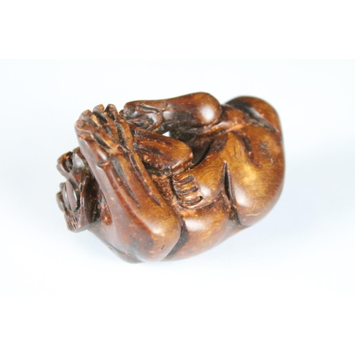 195 - Japanese Signed Wooden Netsuke in the form of a Dog, Japanese Wooden Netsuke in the form of a Rat on... 