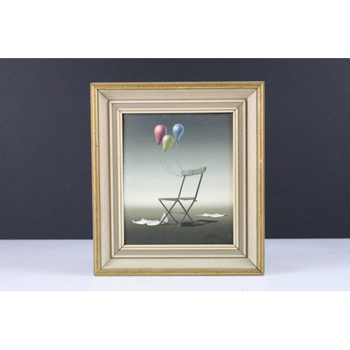 466 - Norman Black (1920-1999) - oil on board painting depicting a folding chair and coloured balloons wit... 