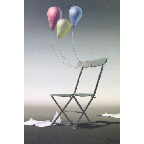 466 - Norman Black (1920-1999) - oil on board painting depicting a folding chair and coloured balloons wit... 