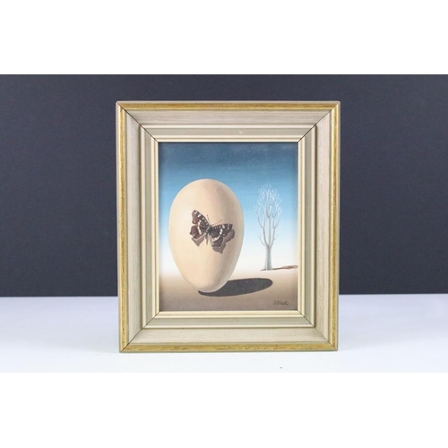 468 - Norman Black (1920-1999) - oil on board painting depicting a moth perched on an egg in a surreal lan... 