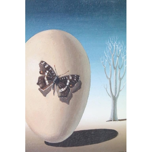 468 - Norman Black (1920-1999) - oil on board painting depicting a moth perched on an egg in a surreal lan... 