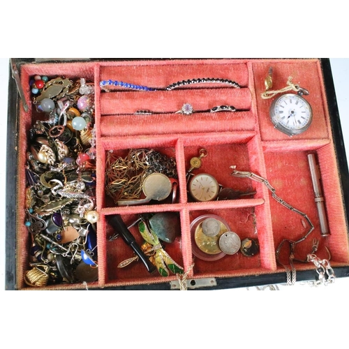 302 - Japanese Lacquered Jewellery Box containing Vintage Earrings, Silver Pocket Watch, Coins, Silver Jew... 