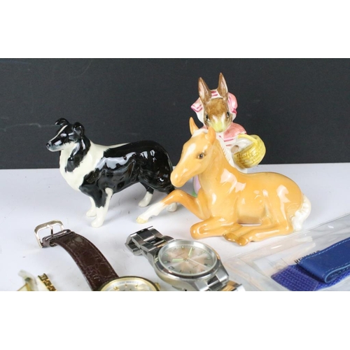 304 - A small collection of ladies and gents wristwatches together with three Beswick figurines.