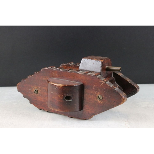 174A - World War I Trench Art Wooden MK1 Tank, approx 22.5cm long