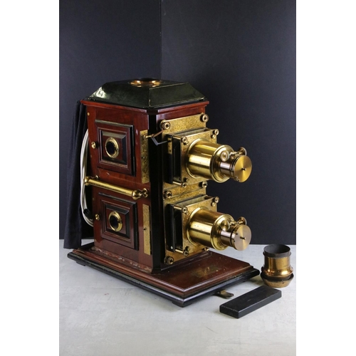 670 - Large 19th century mahogany, gilt brass & tinplate magic lantern projector, converted to electric, w... 