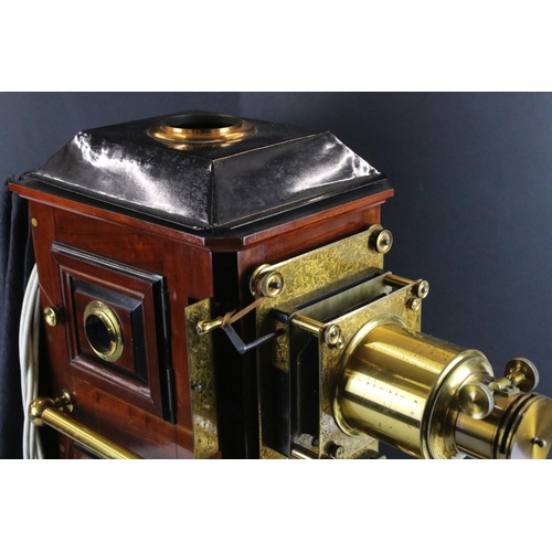 670 - Large 19th century mahogany, gilt brass & tinplate magic lantern projector, converted to electric, w... 