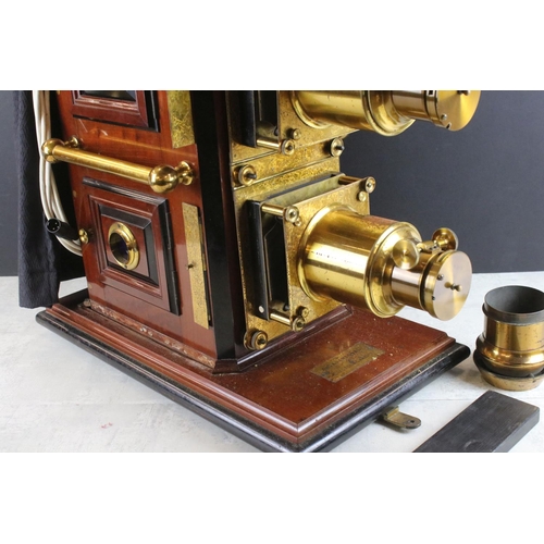 670 - Large 19th century mahogany, gilt brass & tinplate magic lantern projector, converted to electric, w... 