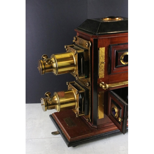 670 - Large 19th century mahogany, gilt brass & tinplate magic lantern projector, converted to electric, w... 