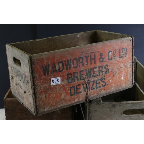 578 - Four Early to Mid century Wooden Bottle Crates including marked Wadworth's plus two Wooden Wine Bott... 