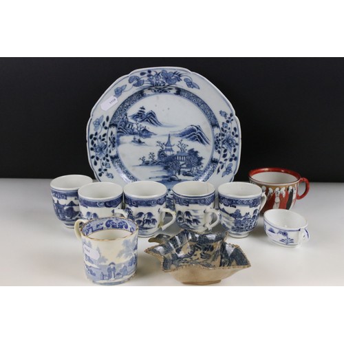 53 - Selection of Chinese blue and white ceramics to include five 19th Century tea cups, a blue and white... 