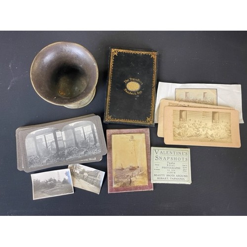 310 - A small group of mixed collectables to include stereoscope slides, brass mortar, sandwich box....etc... 