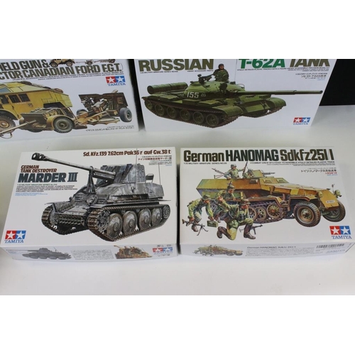 146 - Eight boxed Tamiya 1/35 plastic model military kits to include 190 M4 Sherman, 13 US Light Tank M5A1... 
