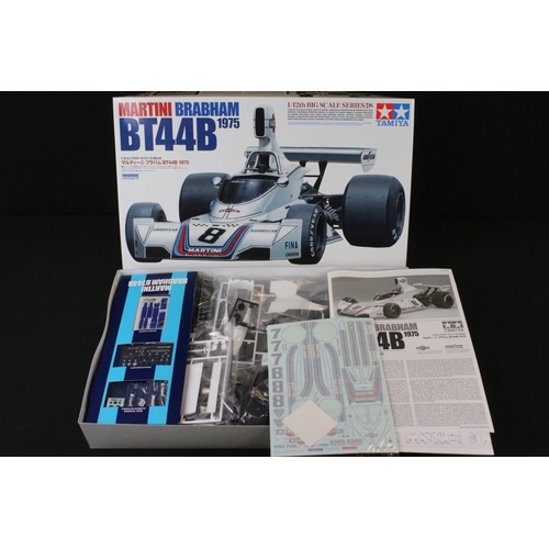 162 - Two boxed Tamiya plastic model racing car kits to include 1/12 No 42 Martini Brabham BT44B 1975 and ... 