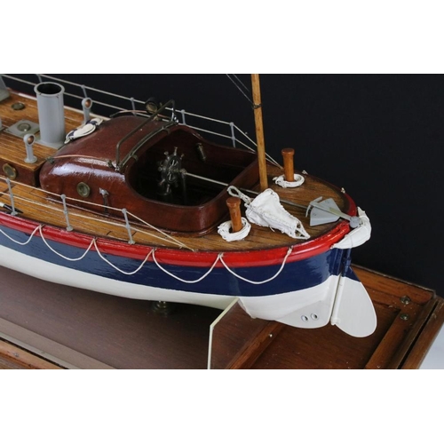 286 - Painted wooden model of a 1930s RNLI Watson Class Lifeboat, with masts, rigging and grab rope detail... 