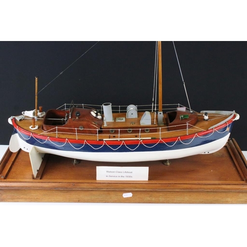 286 - Painted wooden model of a 1930s RNLI Watson Class Lifeboat, with masts, rigging and grab rope detail... 