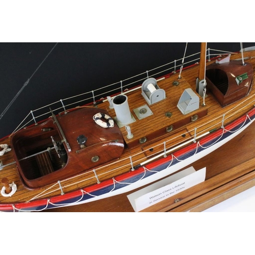 286 - Painted wooden model of a 1930s RNLI Watson Class Lifeboat, with masts, rigging and grab rope detail... 