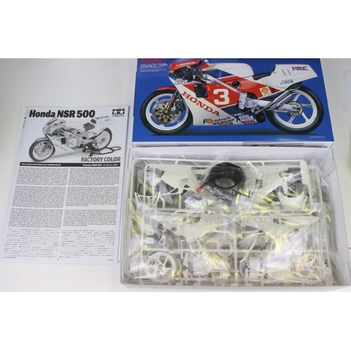 205 - Six boxed Tamiya 1/12 - 1/24 plastic model kits to include 99 Honda NSR 500 Factory Colour, 43 Honda... 