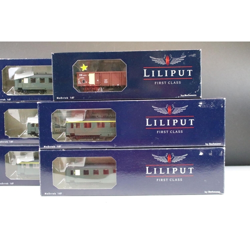66 - Six boxed Liliput by Bachmann HO gauge items of rolling stock to include 5 x L383106 Schurzenwagen 1... 
