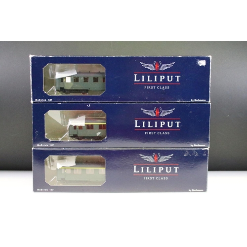 66 - Six boxed Liliput by Bachmann HO gauge items of rolling stock to include 5 x L383106 Schurzenwagen 1... 