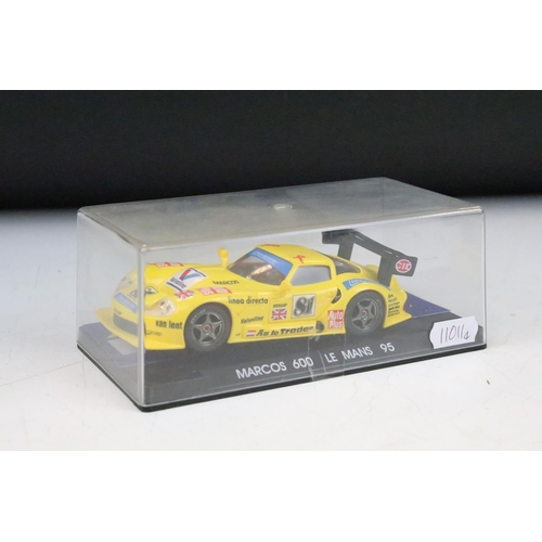1249 - Three boxed/ cased Fly 1:32 scale models slot racing cars to include Marcos 600 LM 1st Spa 98 Britis... 