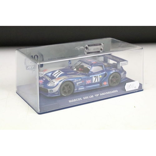 1249 - Three boxed/ cased Fly 1:32 scale models slot racing cars to include Marcos 600 LM 1st Spa 98 Britis... 