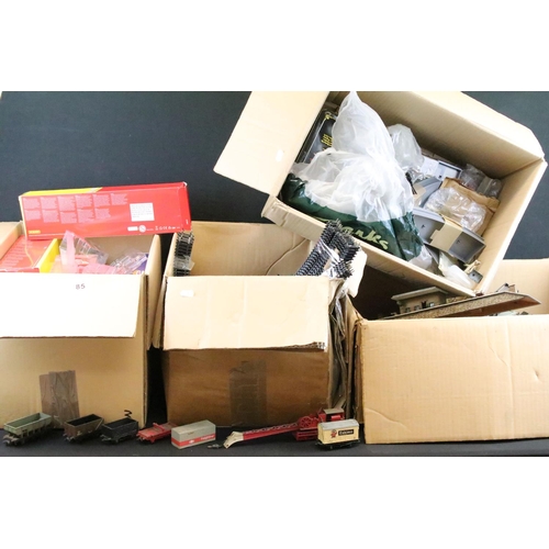 85 - Quantity of model railway accessories to include track, rolling stock, empty boxes, trackside buildi... 