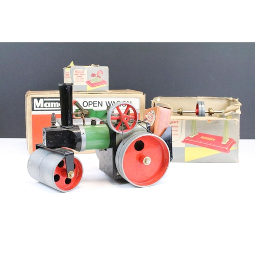 127 - Steam Engine - Mamod Steam Roller plus 4 x boxed Mamod accessories to include Open Wagon OW1, Line S... 