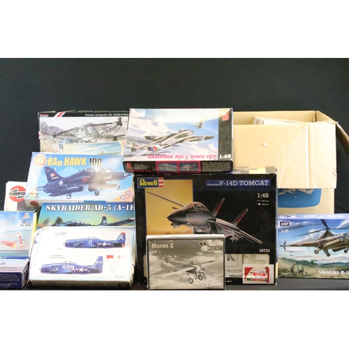 144 - Around 28 boxed 1/48 plastic model kits to include Airfix, Revell, Italeri, ICM, SMER, Eduard, Dora ... 