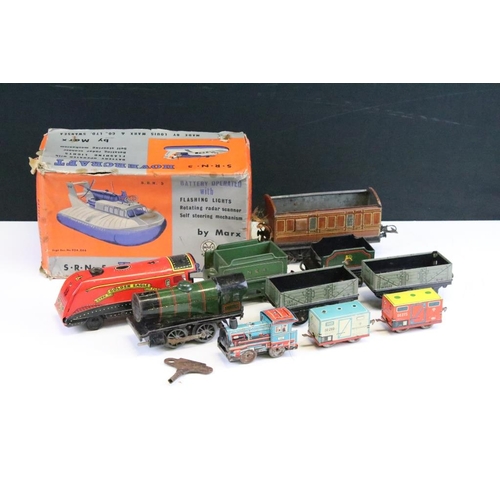 279 - Boxed Marx Battery Operated SRN5 Hovercraft (gd with tatty box) plus a group of tin plate locomotive... 