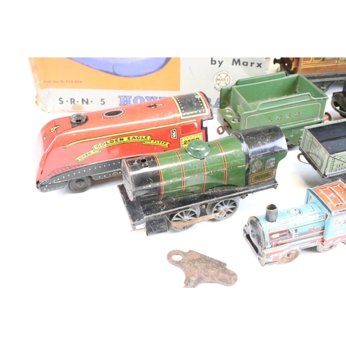 279 - Boxed Marx Battery Operated SRN5 Hovercraft (gd with tatty box) plus a group of tin plate locomotive... 