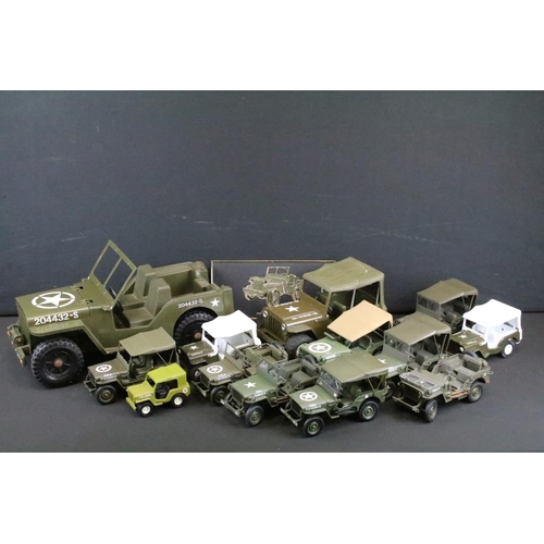 404 - Collection of 13 diecast, tinplate & plastic USA military jeep models, of varying scales, to include... 