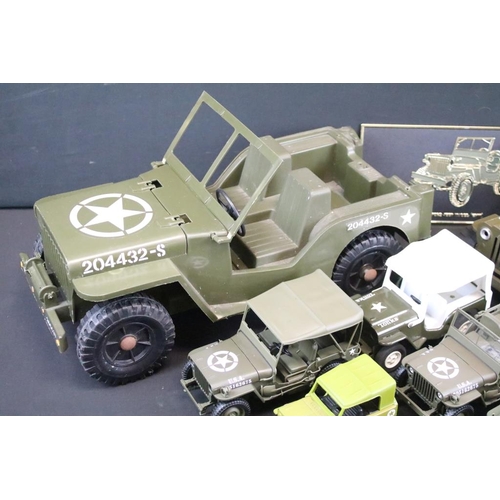 404 - Collection of 13 diecast, tinplate & plastic USA military jeep models, of varying scales, to include... 