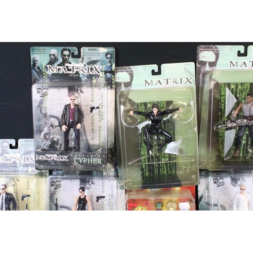 413 - Collection of 14 mixed film and TV related carded figures to include 10 x The Matrix figures featuri... 