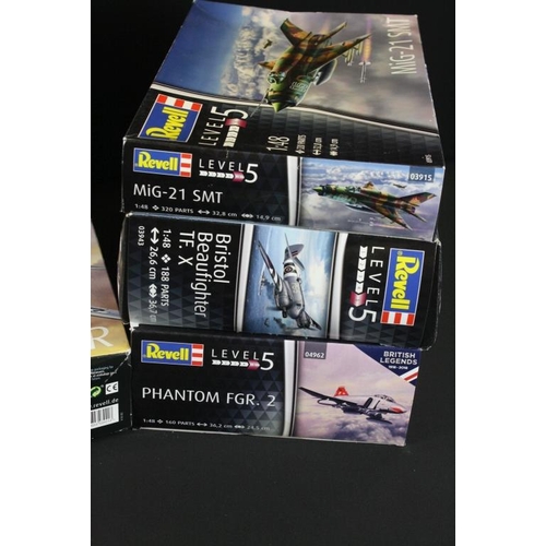 175 - Nine boxed and unbuilt Revell 1/48 scale aviation plastic model kits to include 6 x Level 5 models t... 