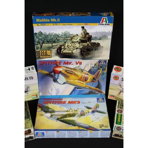 198 - 12 Boxed and unbuilt plastic model kits to include 3 x Italeri 1/72 (001 Spitfire Mk Vb, 094 Spitfir... 