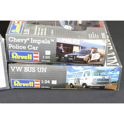 201 - Six boxed and unbuilt Revell plastic model kits to include 1/16 scale 07491 VW Karman Ghia Coupe, 1/... 