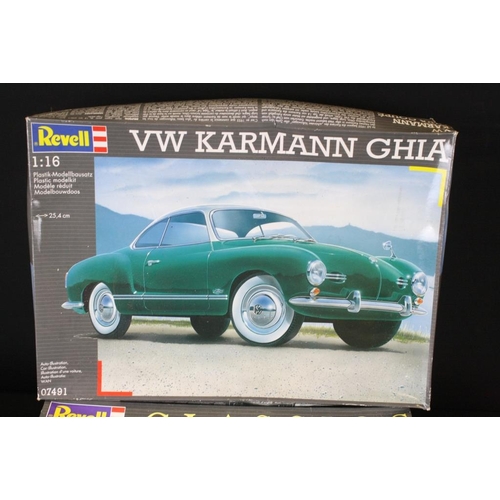 201 - Six boxed and unbuilt Revell plastic model kits to include 1/16 scale 07491 VW Karman Ghia Coupe, 1/... 