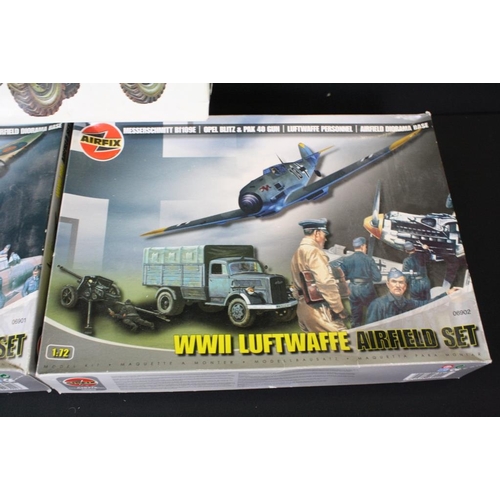 202 - Three boxed military plastic model kits to include 2 x 1/72 Airfix (06901 WWII RAF Airfield Set - pa... 