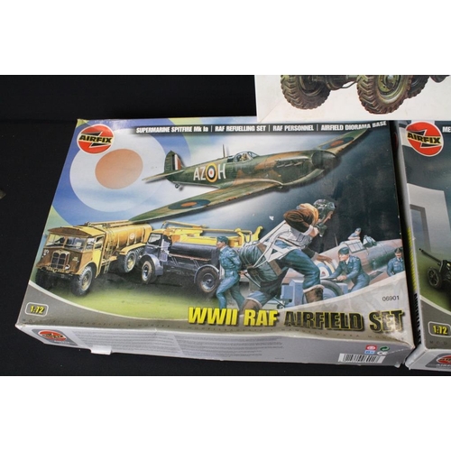 202 - Three boxed military plastic model kits to include 2 x 1/72 Airfix (06901 WWII RAF Airfield Set - pa... 