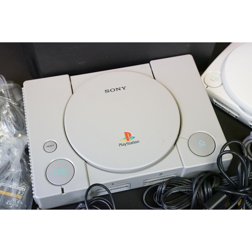 384 - Retro Gaming - Three Sony PlayStation consoles to include PSOne, PS1 & PS4 (model CUH-2116A); togeth... 