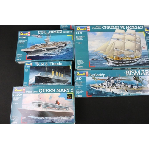 218 - Ten Boxed & unbuilt Revell plastic ship / submarine model kits to include 05100 1/144 Type VII C/41,... 