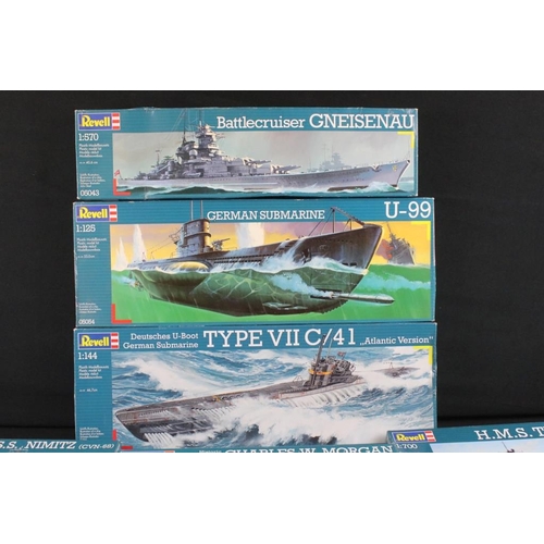 218 - Ten Boxed & unbuilt Revell plastic ship / submarine model kits to include 05100 1/144 Type VII C/41,... 